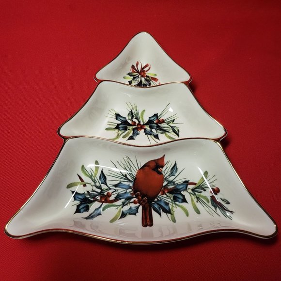 Lenox Winter Greetings Tree Divided Server Red Cardinal with Holly Gold Trim 199 - Picture 10 of 12